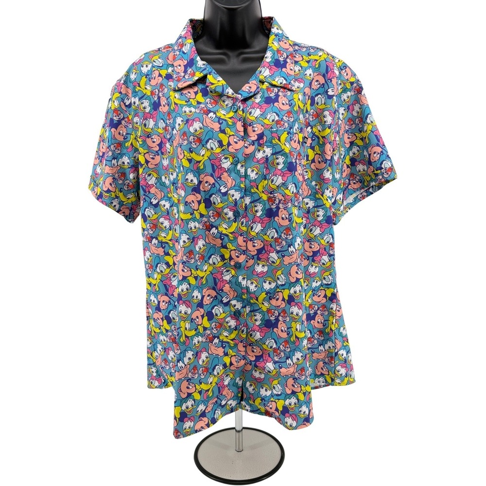Disney RSVLTS Shirt Womens 2XL Blue Disney 100 All Over Print Kunuflex Button Up
